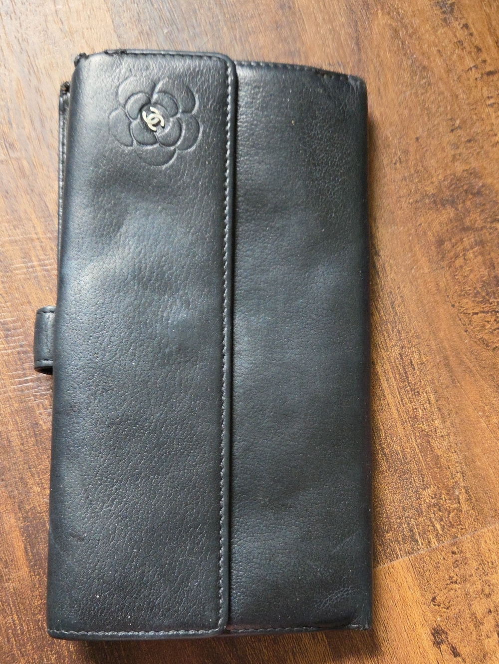 CHANEL Black Leather Camellia Long Wallet